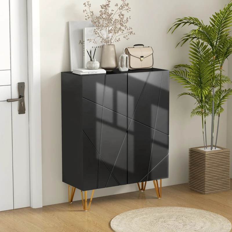 HOMCOM Narrow Shoe Storage Cabinet with Soft-Close Hinges and Adjustable Shelves for 15-20 Pairs of Shoes, High Gloss Black