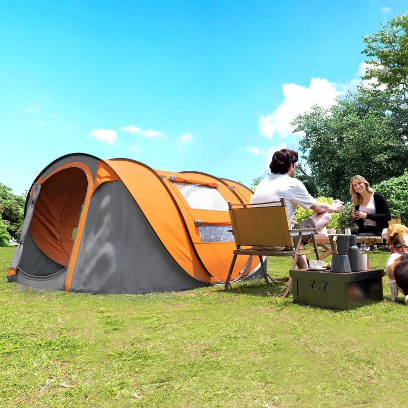 Outsunny 4 Person Camping Tent, Easy Pop Up Tent with Doors, Windows and Carry Bag, Automatic Setup Tent for Hiking, Orange