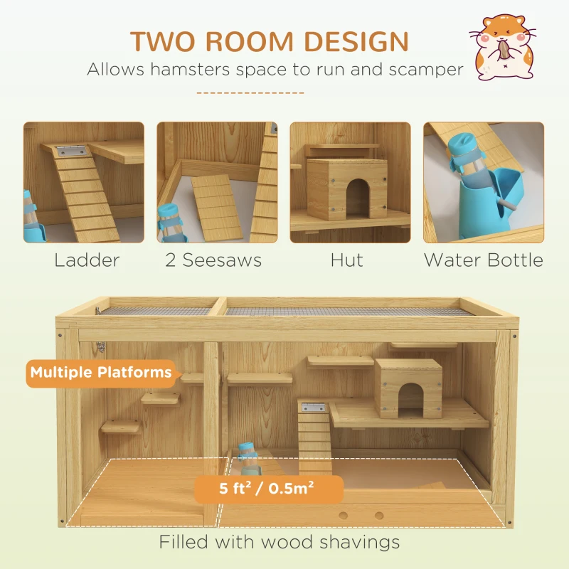 PawHut Large Wooden Hamster Cage, Multi-Layer Small Animal Habitats with Pull-out Tray, Seesaws, Ladder