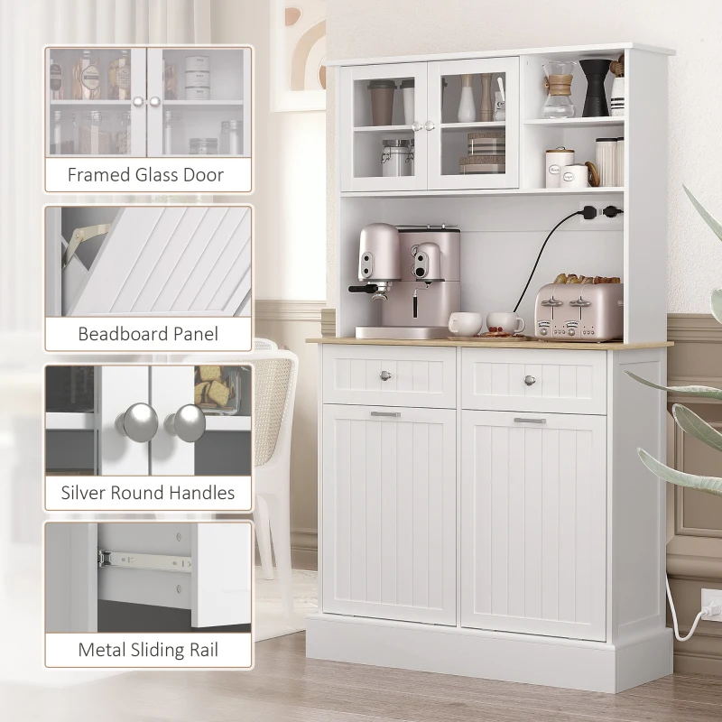 HOMCOM Kitchen Cabinet with Charging Station, 2 Tilt Out Cabinets, Microwave Stand, Freestanding Kitchen Pantry Cabinet, White