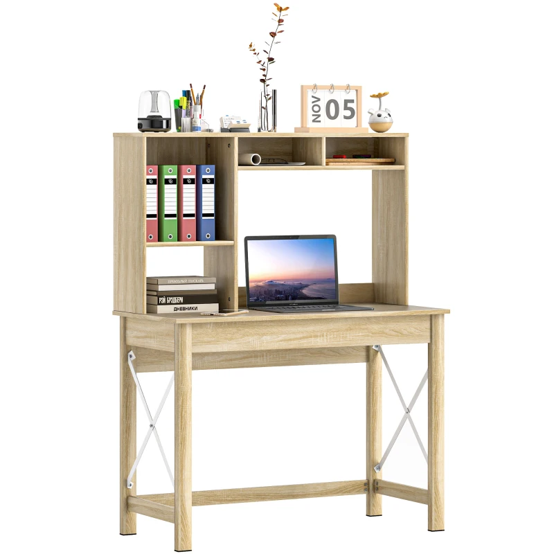 HOMCOM Computer Desk with Hutch, Home Office Table with Storage Shelves and Open Compartments for Writing, Work, Oak