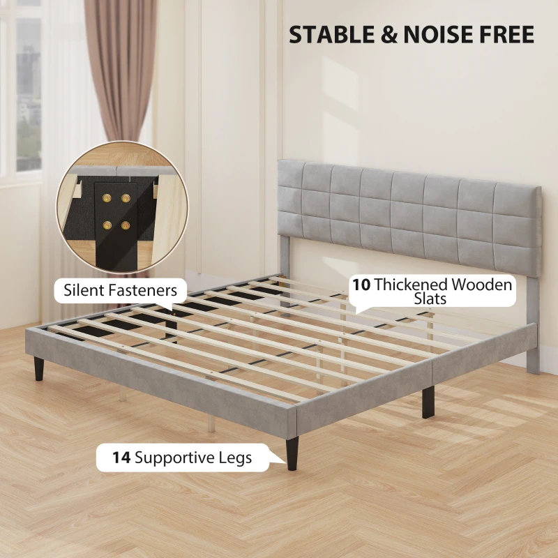 HOMCOM King Size Bed Frame with Upholstered Headboard, Modern Platform Bed Frame with Wood Slats, 1100 lbs Capacity, Grey