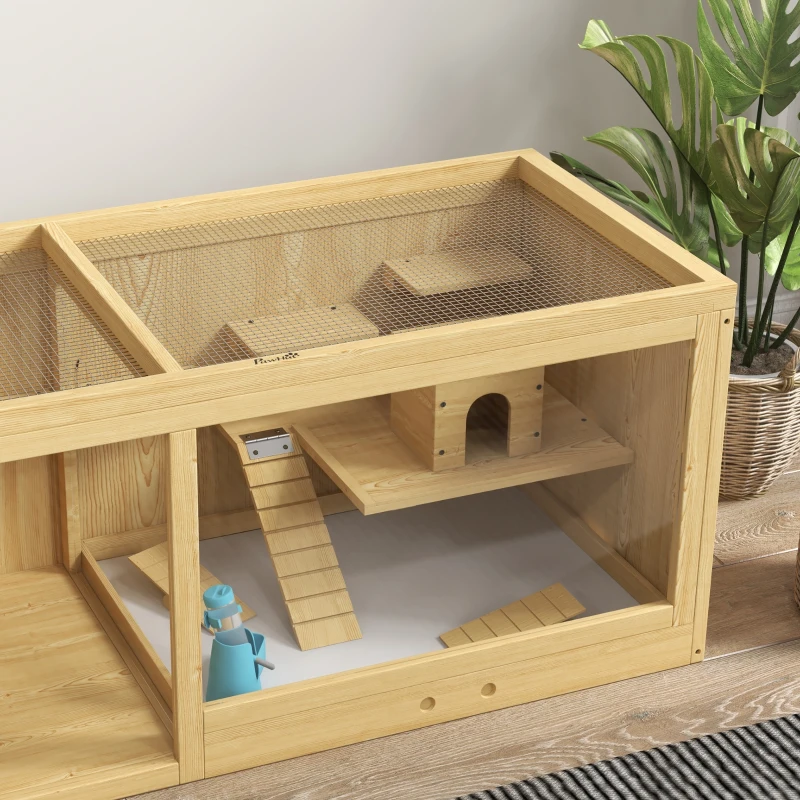 PawHut Large Wooden Hamster Cage, Multi-Layer Small Animal Habitats with Pull-out Tray, Seesaws, Ladder