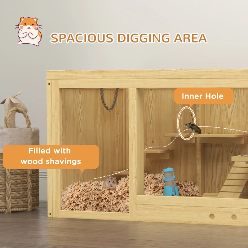 PawHut Large Wooden Hamster Cage, Multi-Layer Small Animal Habitats with Pull-out Tray, Seesaws, Ladder