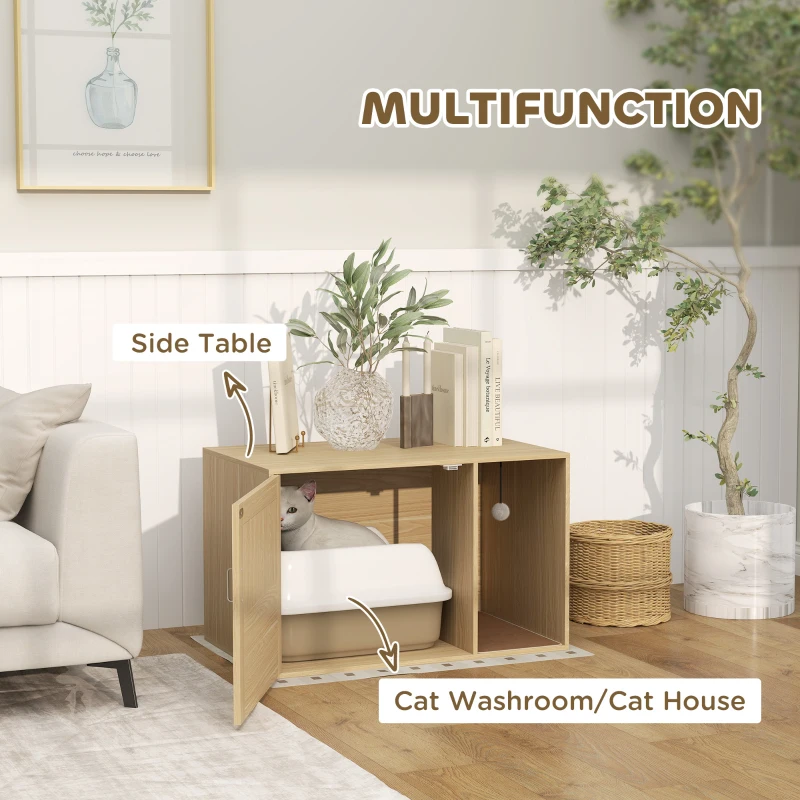 PawHut Cat Litter Box Enclosure, Cat Washroom End Side Table with Rattan Door, Scratching Pad, Non-slip Foot Pads, Oak