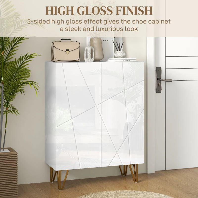 HOMCOM Narrow Shoe Storage Cabinet with Soft-Close Hinges and Adjustable Shelves for 15-20 Pairs of Shoes, High Gloss White