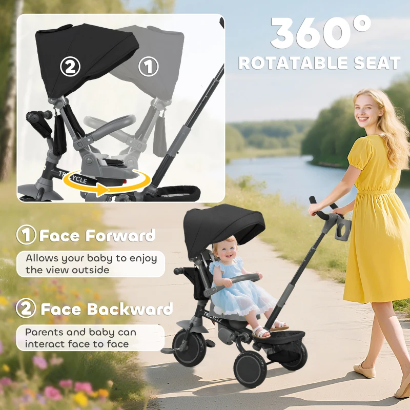 Qaba 6 in 1 Toddler Tricycle for 1-5 Years Old with Push Handle, Removable Canopy, Rotatable Seat, Black