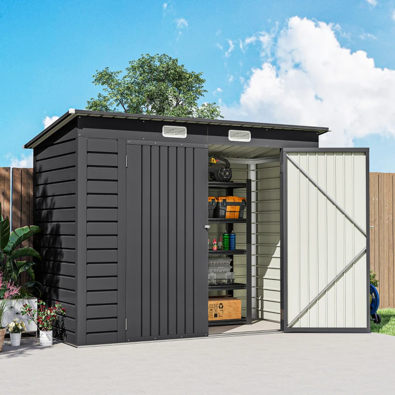 Outsunny 8 x 4FT Galvanized Garden Storage Shed, Metal Outdoor Shed with Double Doors and 2 Vents, Grey