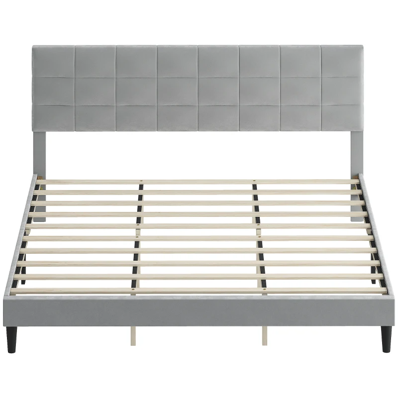 HOMCOM King Size Bed Frame with Upholstered Headboard, Modern Platform Bed Frame with Wood Slats, 1100 lbs Capacity, Grey