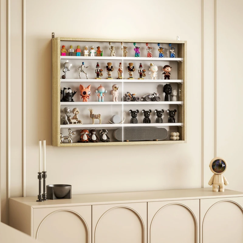 HOMCOM 5-Tier Display Cabinet, Shot Glass Display Case, Glass Curio Cabinet with 2 Glass Doors and 4 Adjustable Shelves, Oak