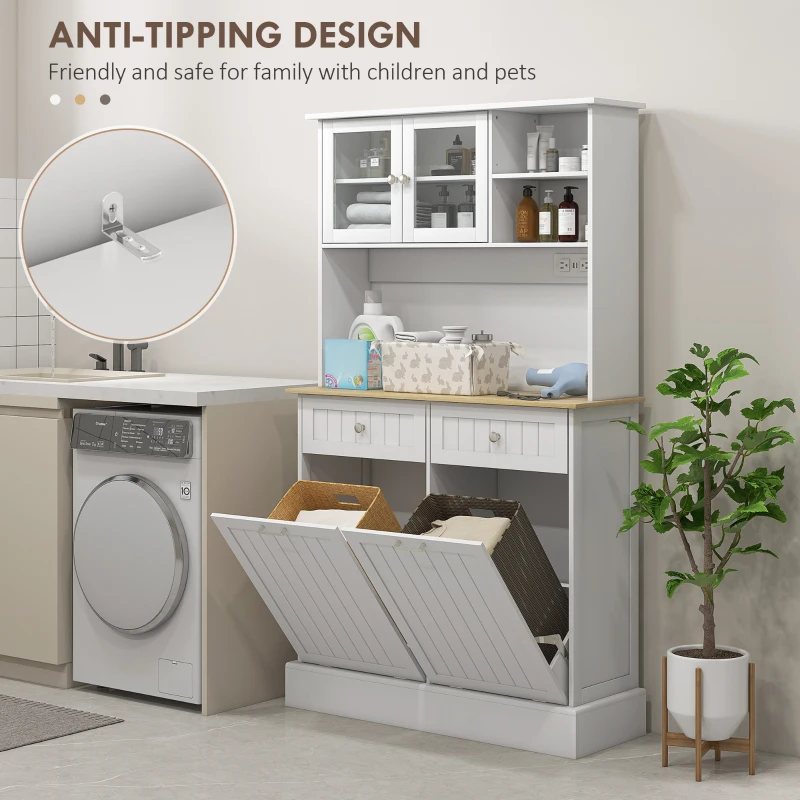 HOMCOM Kitchen Cabinet with Charging Station, 2 Tilt Out Cabinets, Microwave Stand, Freestanding Kitchen Pantry Cabinet, White