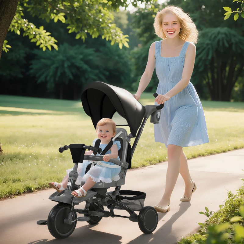 Qaba 6 in 1 Toddler Tricycle for 1-5 Years Old with Push Handle, Removable Canopy, Rotatable Seat, Black