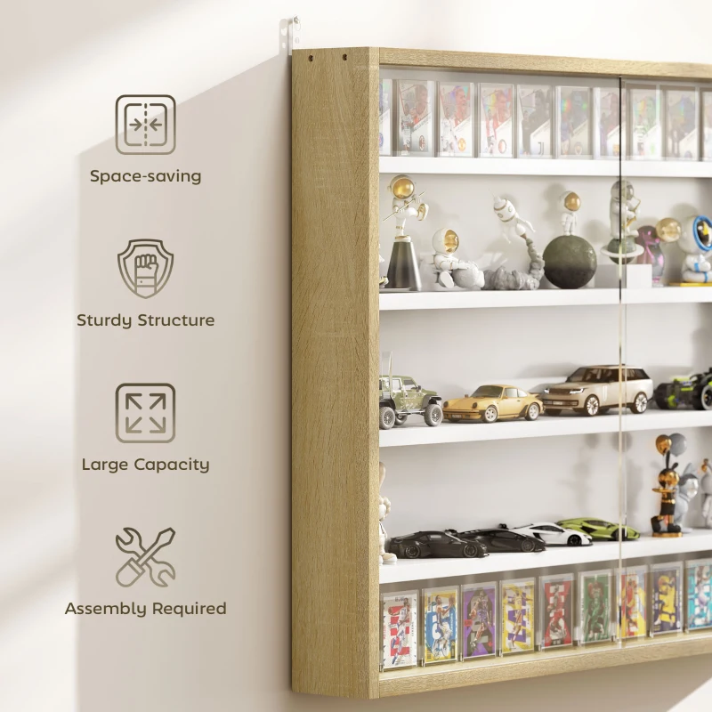 HOMCOM 5-Tier Display Cabinet, Wall-Mounted Display Case with 2 Glass Doors and Adjustable Shelves, Oak and White