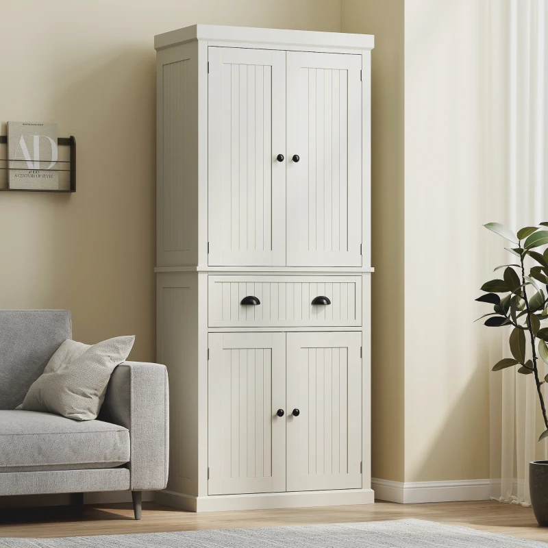 HOMCOM 72" Kitchen Pantry Storage Cabinet, Cupboard w/ 4 Doors and 3 Adjustable Shelves, Large Central Drawer, Cream White