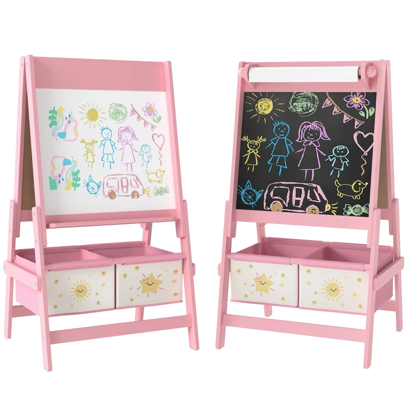 Qaba Art Easel for Kids, Double-Sided Whiteboard & Chalkboard with Paper Roll, 2 Storage Boxes, Gift for Boys, Girls, Pink