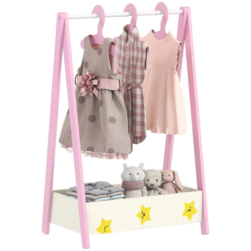 Qaba Kids Clothing Rack with Storage Shelf, Hangers, for Nursery Room, Living Room, Playroom, Pink