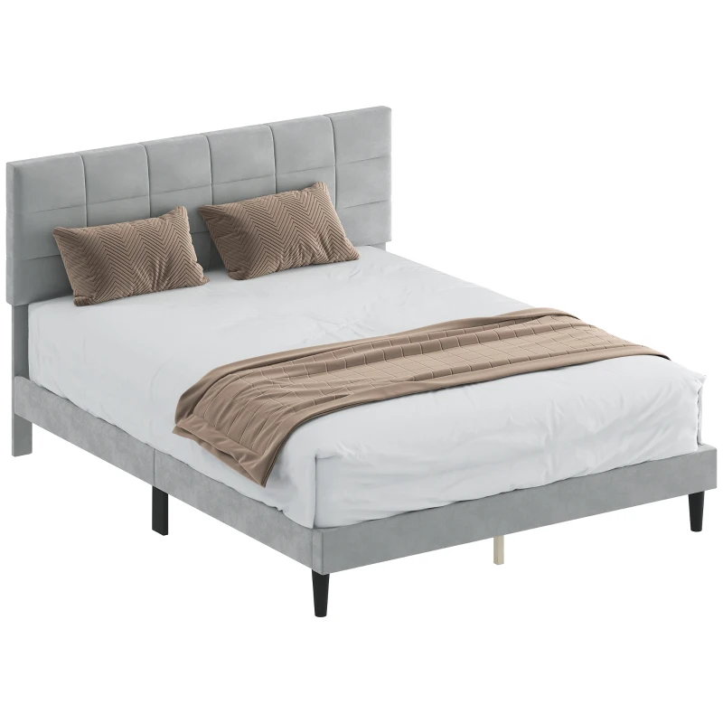 HOMCOM Queen Size Bed Frame with Upholstered Headboard, Modern Platform Bed Frame with Wood Slats, 1100 lbs Capacity, Grey