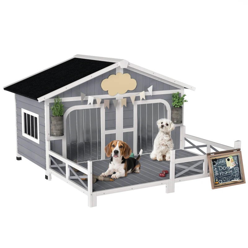 PawHut Dog House Outdoor, Wooden Dog Kennel Weatherproof with Porch, Openable Roof, Removable Bottom, Elevated Floor, Double Room for 2 Small to Medium Breeds, Gray