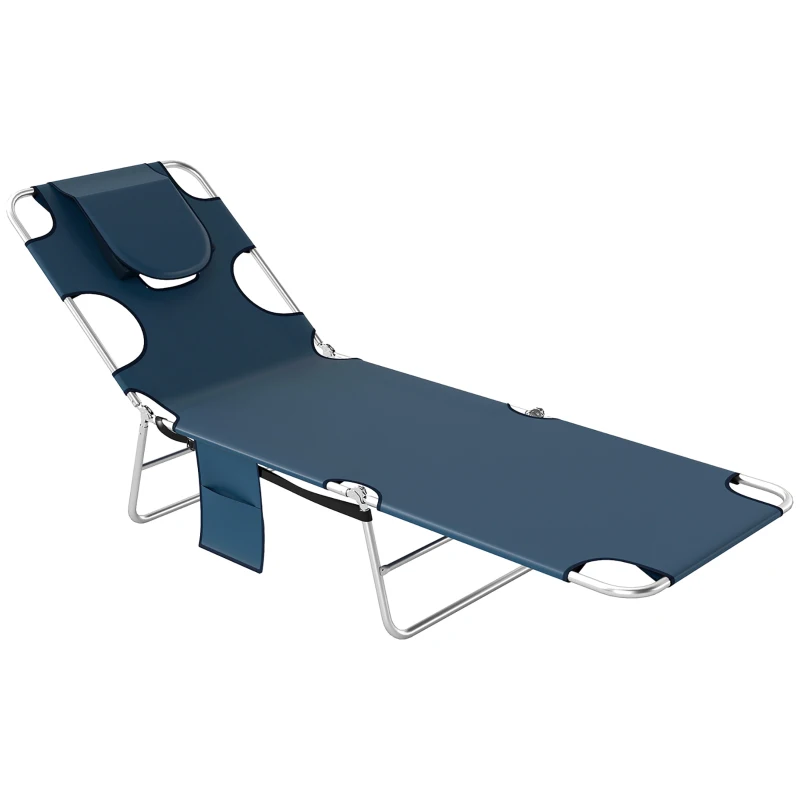 Outsunny Folding Outdoor Chaise Lounge Sun Tanning Chair with Face Cavity, Pillow, 5-level Adjustable for Beach, Pool, Dark Blue