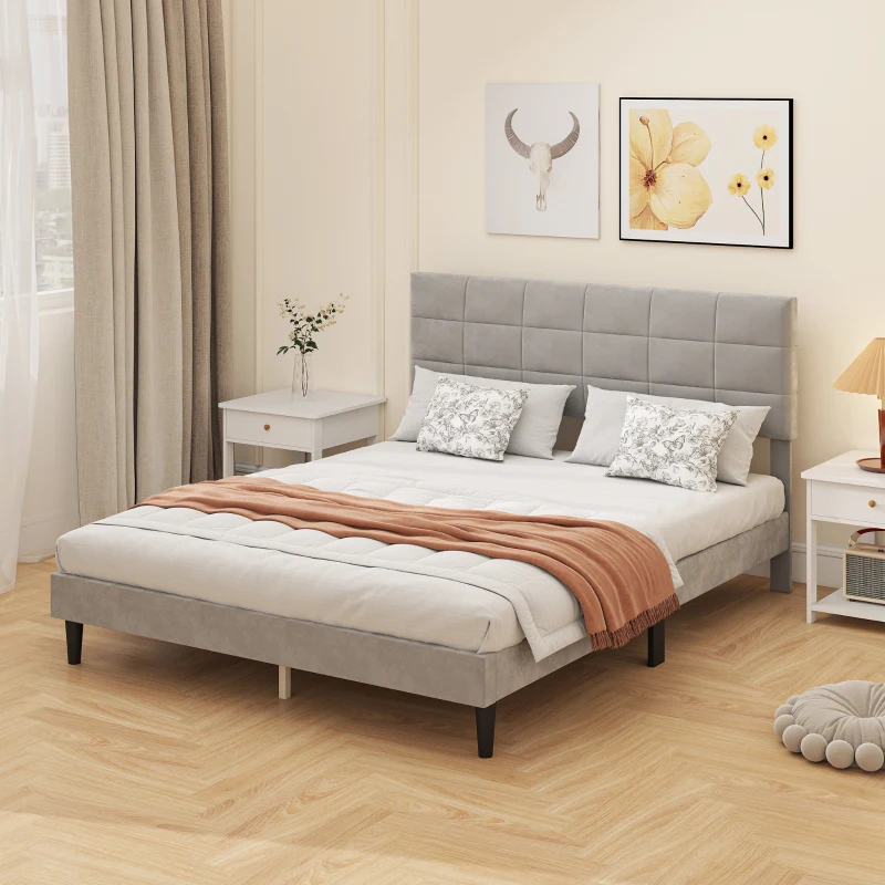 HOMCOM Queen Size Bed Frame with Upholstered Headboard, Modern Platform Bed Frame with Wood Slats, 1100 lbs Capacity, Grey