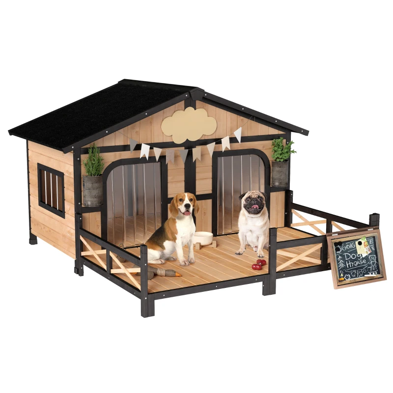 PawHut Dog House Outdoor, Wooden Dog Kennel Weatherproof with Porch, Openable Roof, Removable Bottom, Elevated Floor, Double Room for 2 Small to Medium Breeds, Natural