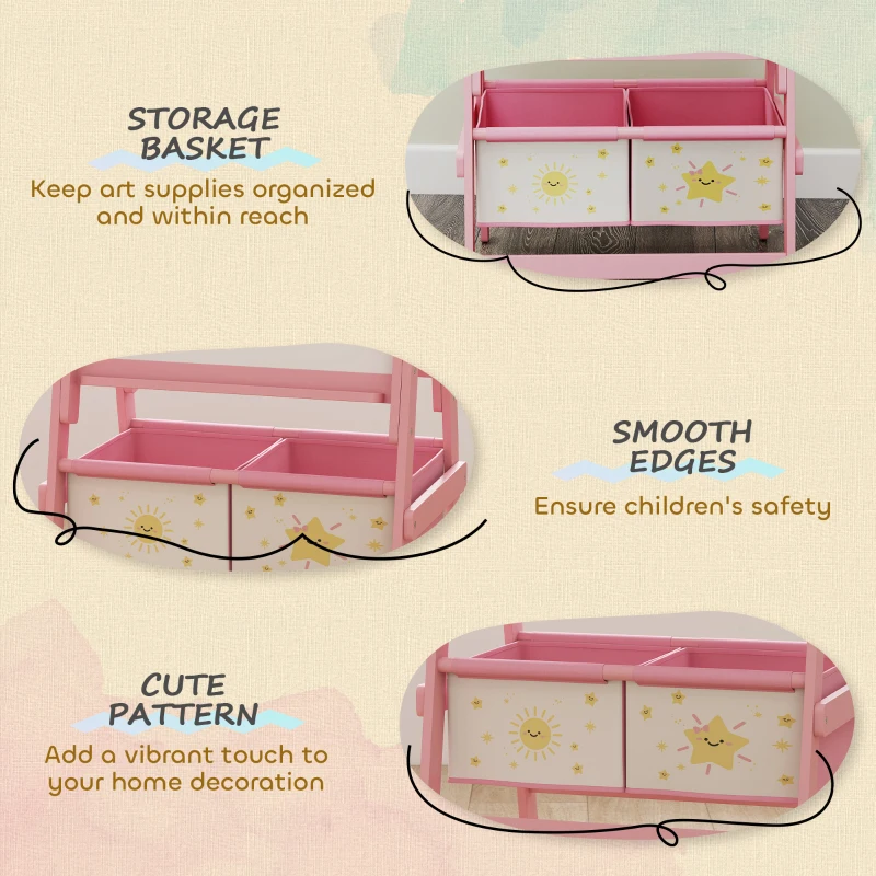 Qaba Art Easel for Kids, Double-Sided Whiteboard & Chalkboard with Paper Roll, 2 Storage Boxes, Gift for Boys, Girls, Pink