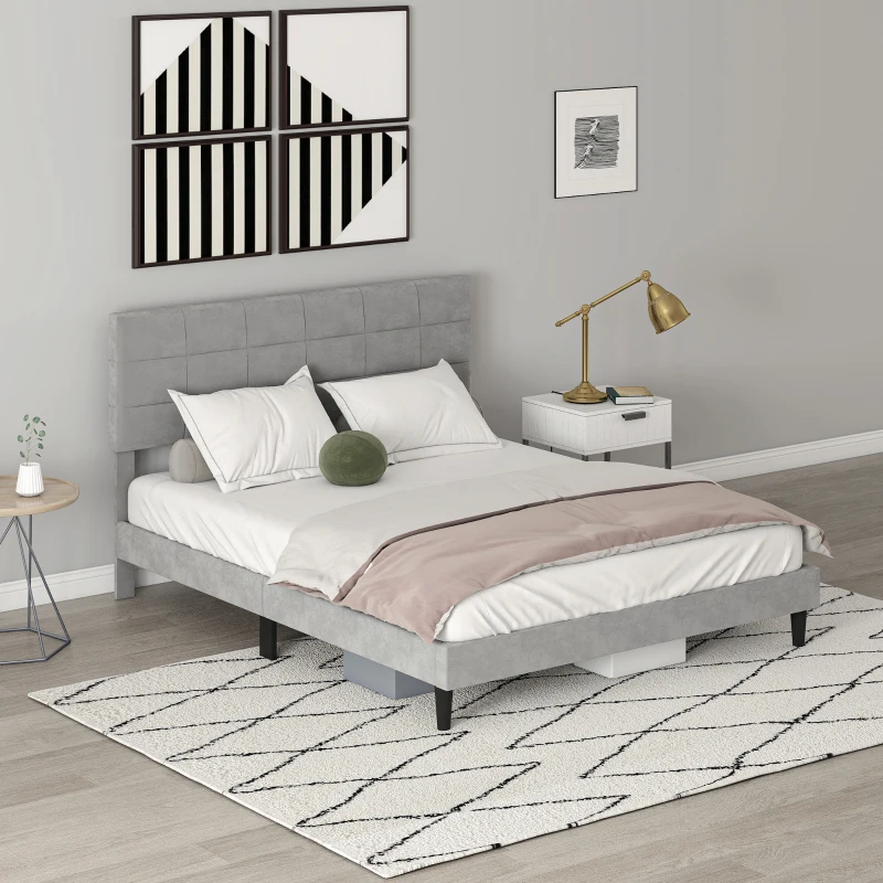 HOMCOM Queen Size Bed Frame with Upholstered Headboard, Modern Platform Bed Frame with Wood Slats, 1100 lbs Capacity, Grey
