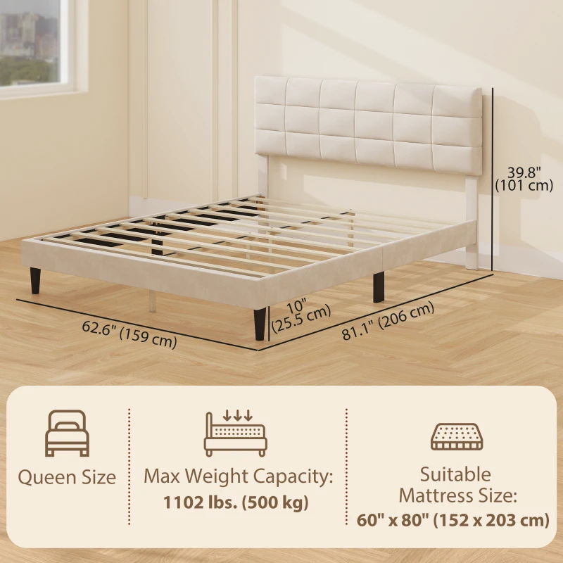 HOMCOM Queen Size Bed Frame with Upholstered Headboard, Modern Platform Bed Frame with Wood Slats, 1100 lbs Capacity, Cream