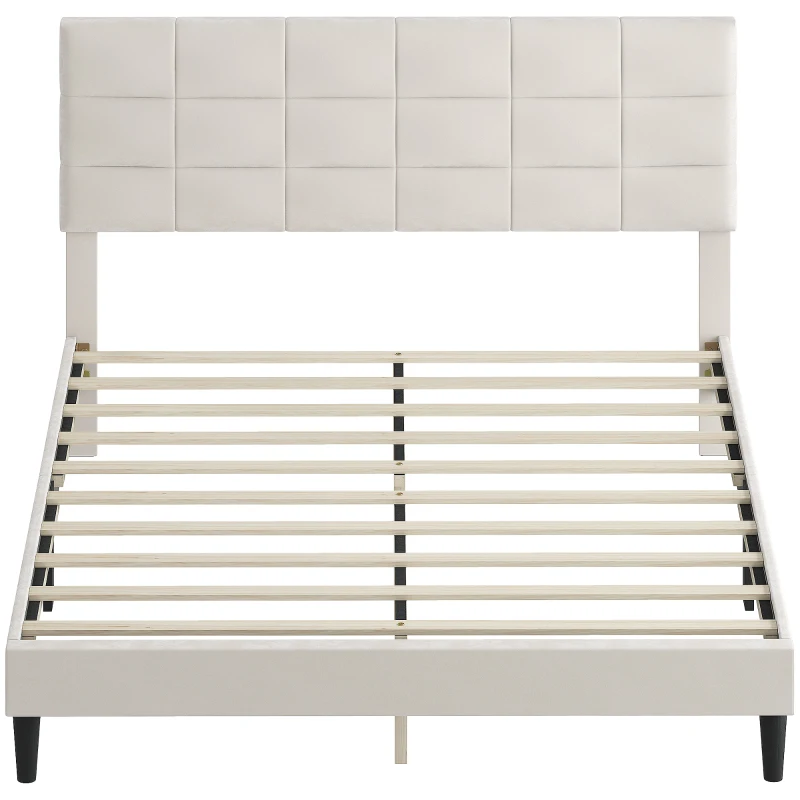 HOMCOM Queen Size Bed Frame with Upholstered Headboard, Modern Platform Bed Frame with Wood Slats, 1100 lbs Capacity, Cream