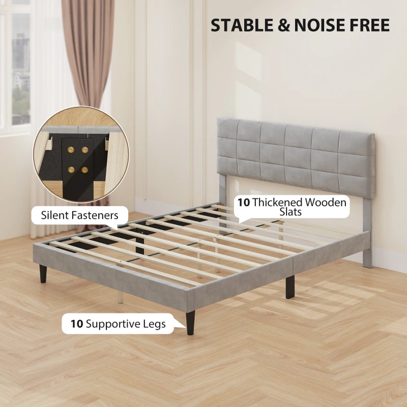 HOMCOM Queen Size Bed Frame with Upholstered Headboard, Modern Platform Bed Frame with Wood Slats, 1100 lbs Capacity, Grey
