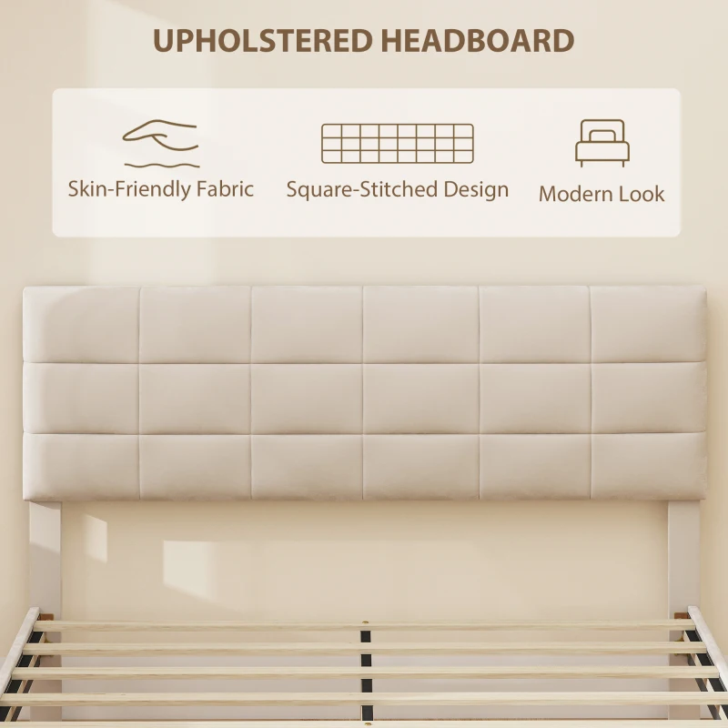 HOMCOM Queen Size Bed Frame with Upholstered Headboard, Modern Platform Bed Frame with Wood Slats, 1100 lbs Capacity, Cream