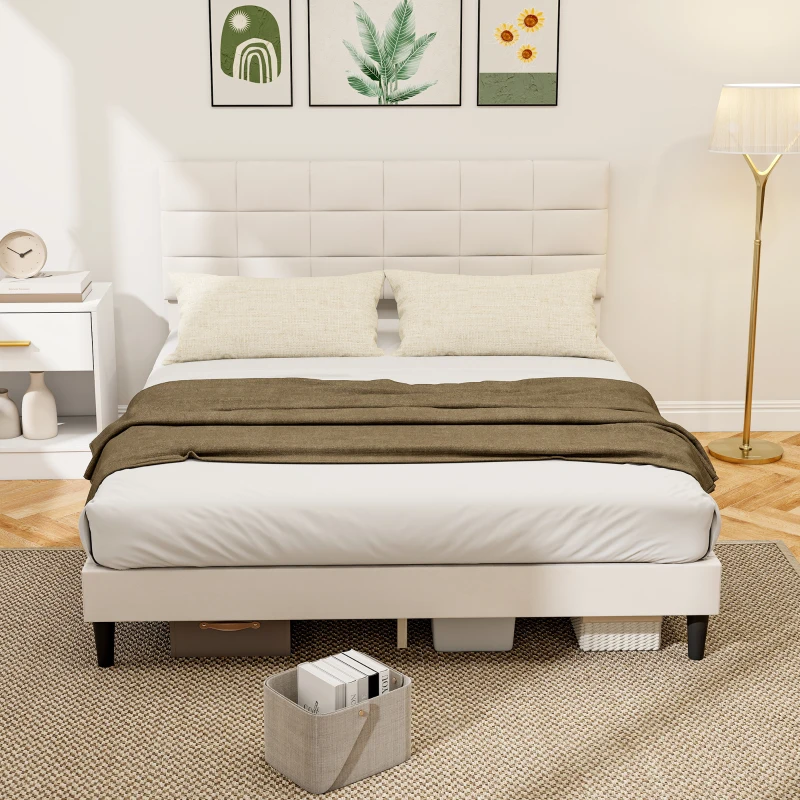 HOMCOM Queen Size Bed Frame with Upholstered Headboard, Modern Platform Bed Frame with Wood Slats, 1100 lbs Capacity, Cream
