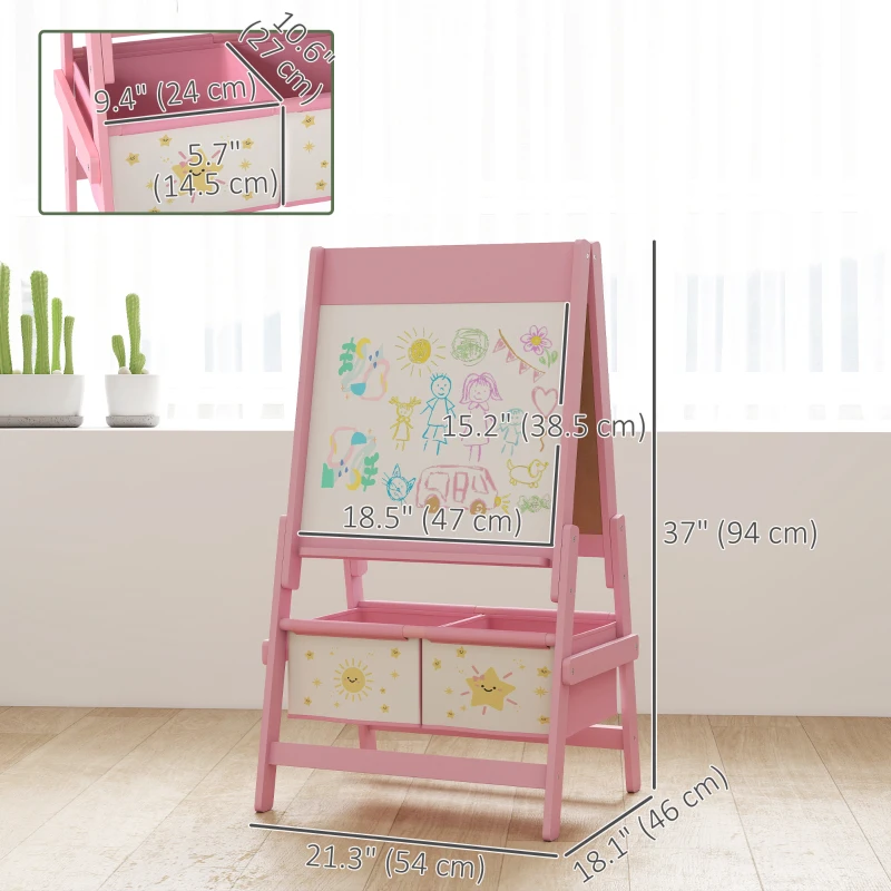 Qaba Art Easel for Kids, Double-Sided Whiteboard & Chalkboard with Paper Roll, 2 Storage Boxes, Gift for Boys, Girls, Pink