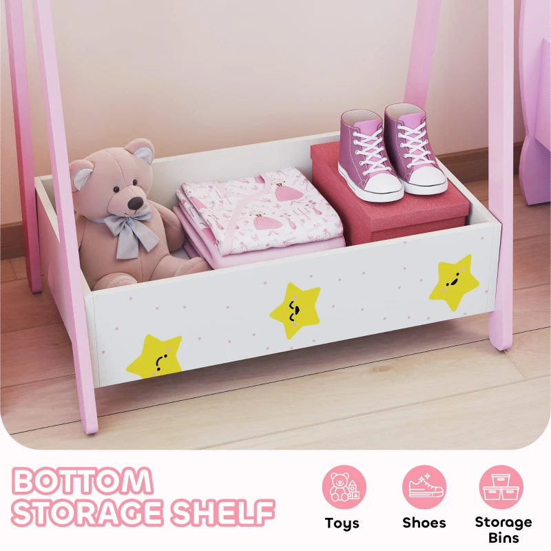 Qaba Kids Clothing Rack with Storage Shelf, Hangers, for Nursery Room, Living Room, Playroom, Pink