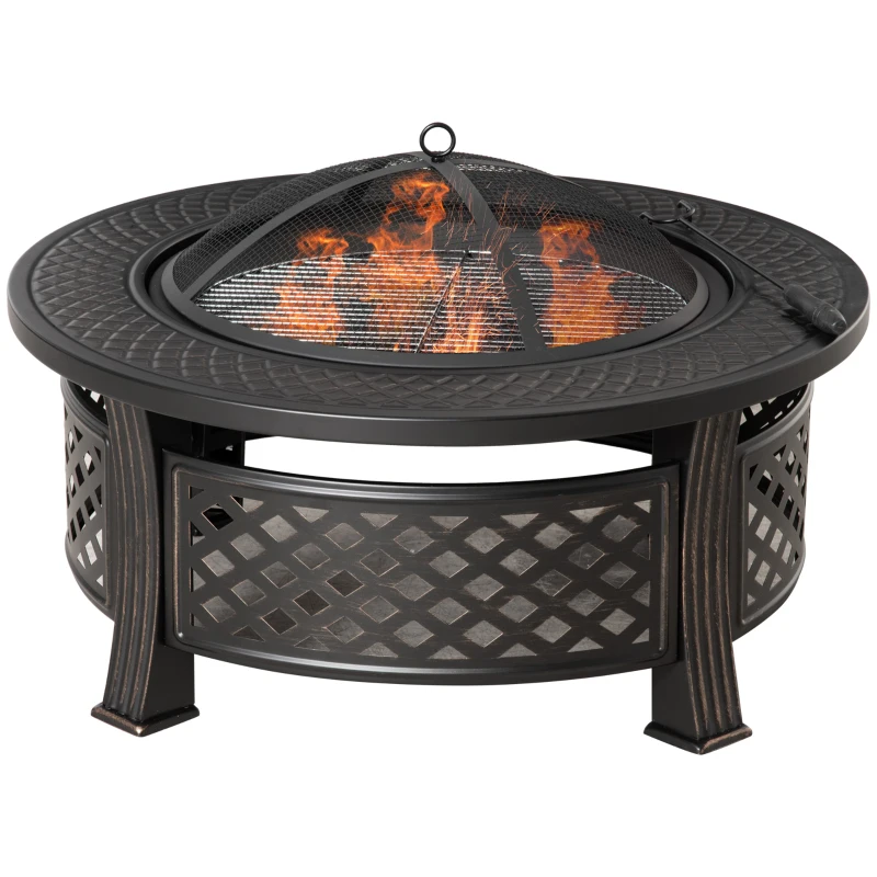 Outsunny Outdoor Fire Pit, Firepit with Grill Net, Mesh Lid, Poker, for Camping, Bonfire, Picnic, Bronze