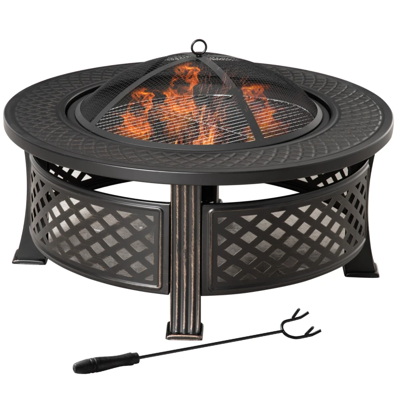 Outsunny Outdoor Fire Pit, Firepit with Grill Net, Mesh Lid, Poker, for Camping, Bonfire, Picnic, Bronze