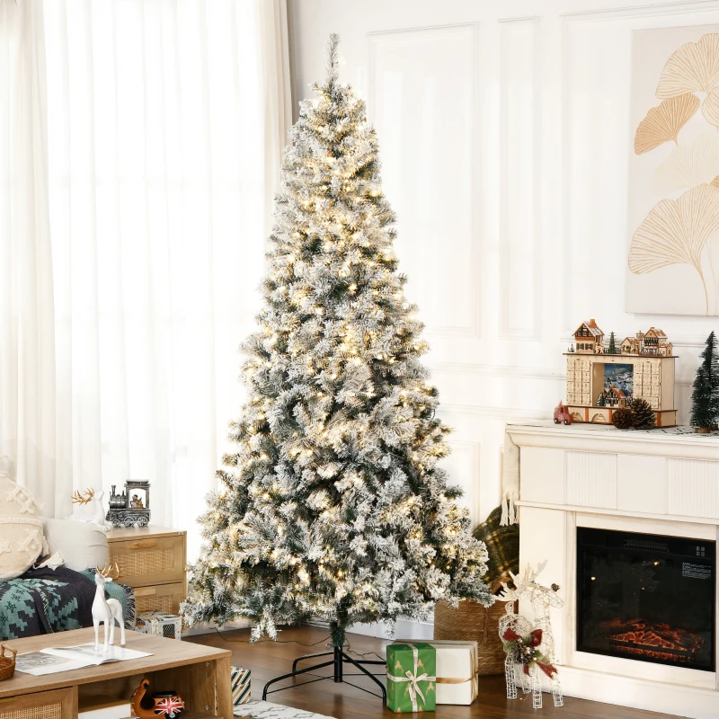 HOMCOM 7.5' Prelit Artificial Flocked Christmas Trees, with Snow Frosted Branches, Warm White LED Lights, Auto Open