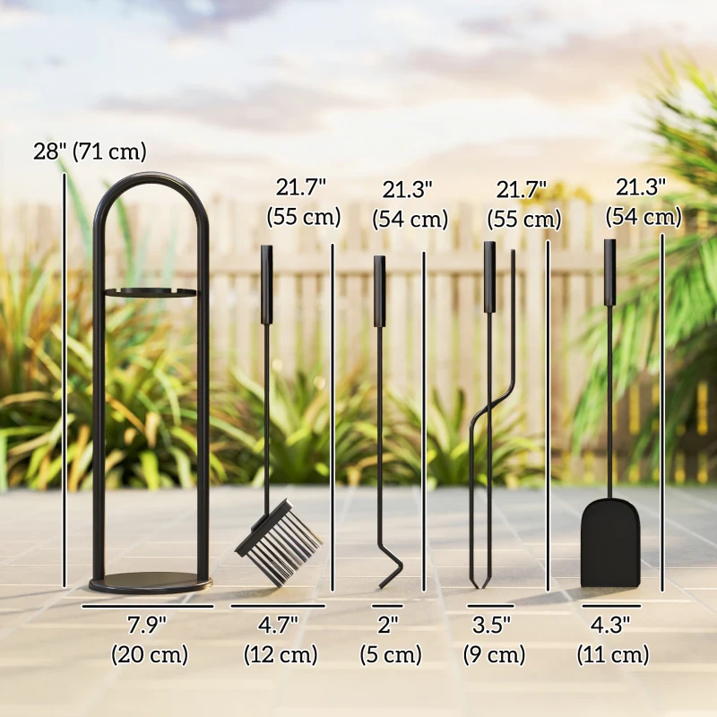 Outsunny Fireplace Tools Set, 5 Pieces Fireside Accessories with Brush, Shovel, Poker, A Pair of Tongs, Stand, Black