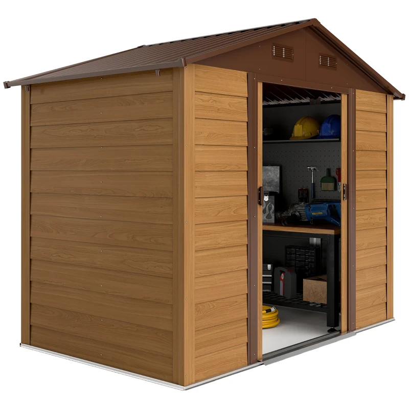 Outsunny 8' x 6' Metal Outdoor Storage Shed with Double Doors and Four Ventilation for Patio Furniture, Brown