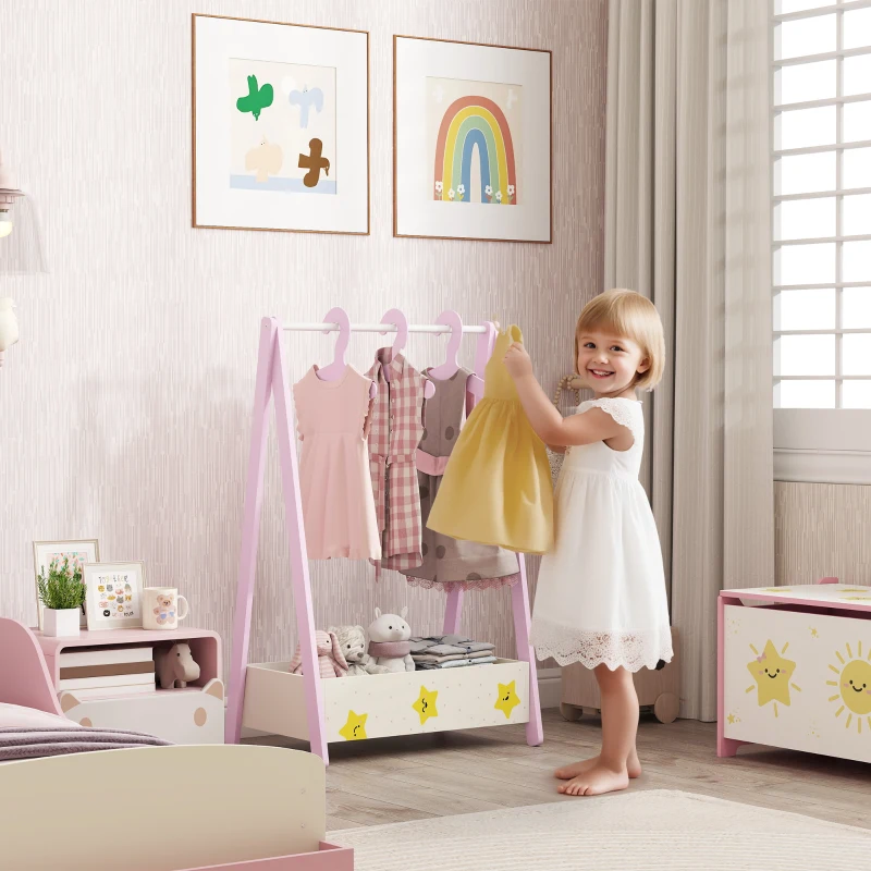 Qaba Kids Clothing Rack with Storage Shelf, Hangers, for Nursery Room, Living Room, Playroom, Pink