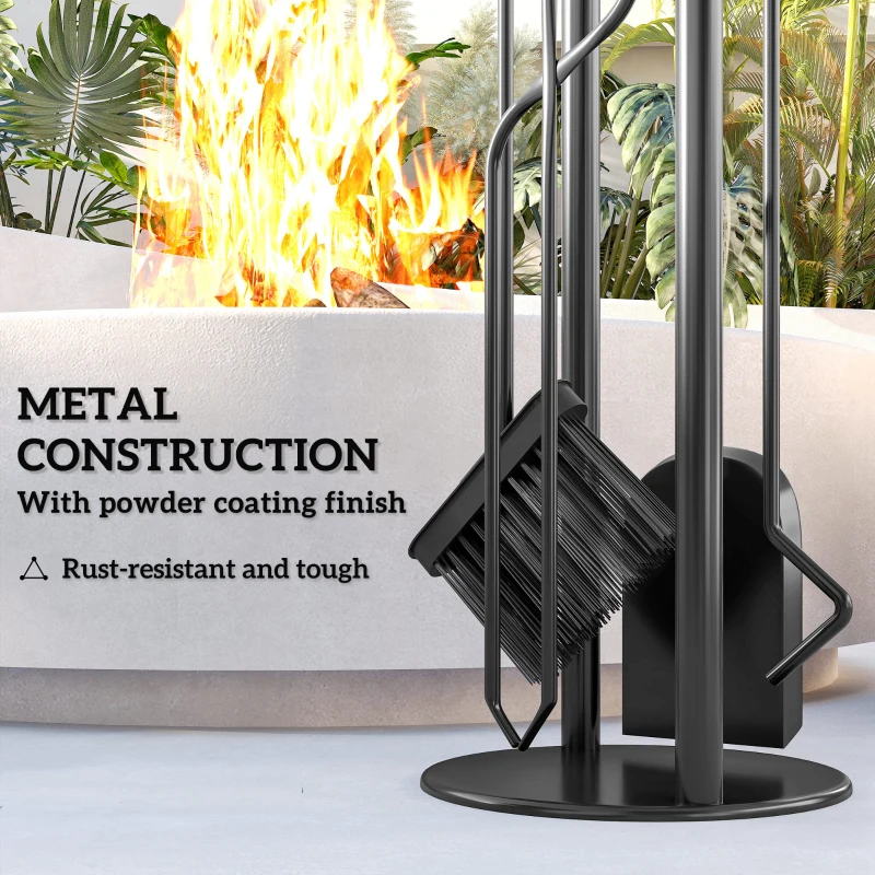 Outsunny Fireplace Tools Set, 5 Pieces Fireside Accessories with Brush, Shovel, Poker, A Pair of Tongs, Stand, Black