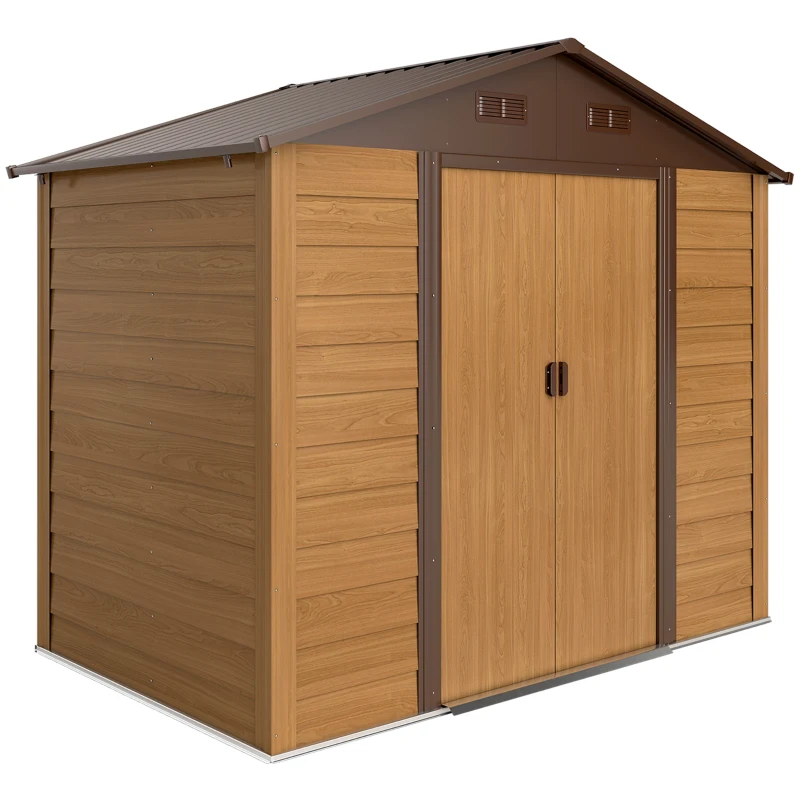 Outsunny 7.7' x 6.5' Outdoor Metal Garden Shed House Hut Gardening Tool Storage with Ventilation, Brown with Wood Grain