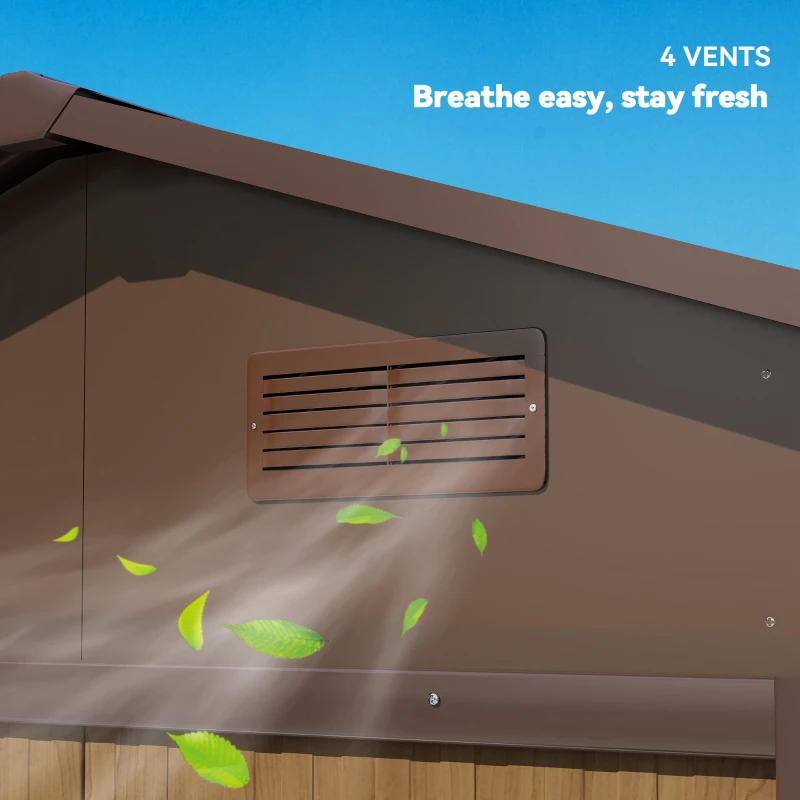 Outsunny 7.7' x 6.5' Outdoor Metal Garden Shed House Hut Gardening Tool Storage with Ventilation, Brown with Wood Grain