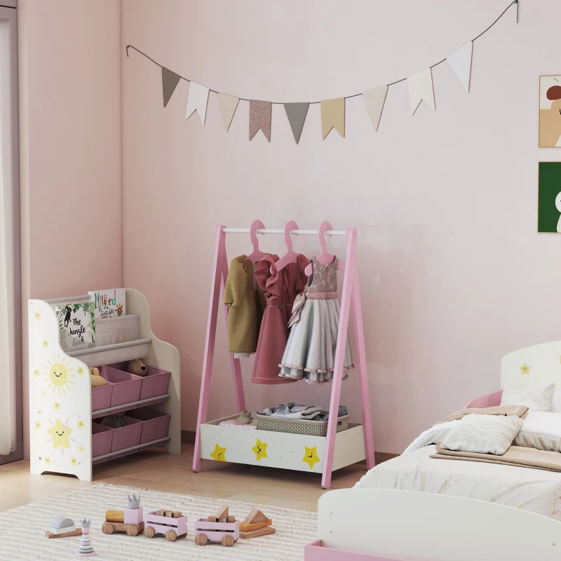 Qaba Kids Clothing Rack with Storage Shelf, Hangers, for Nursery Room, Living Room, Playroom, Pink