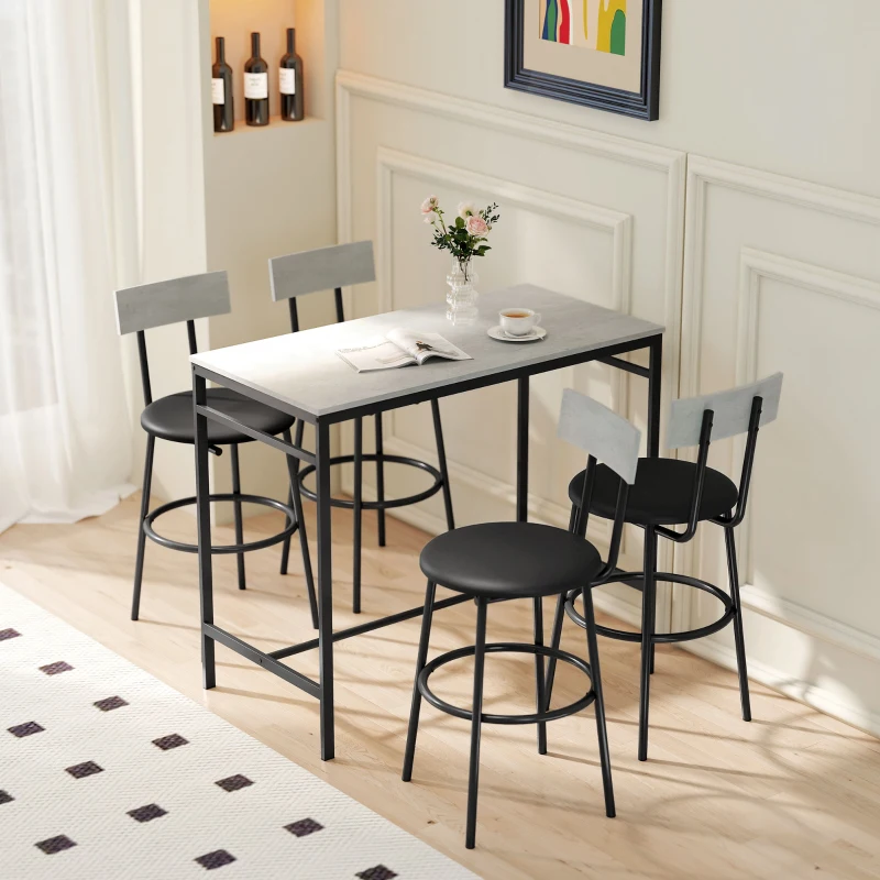 HOMCOM 5-Piece Bar Table Set, Industrial Bar Table and Stools for 4 with Footrest and Steel Frame for Kitchen, Cement Grey