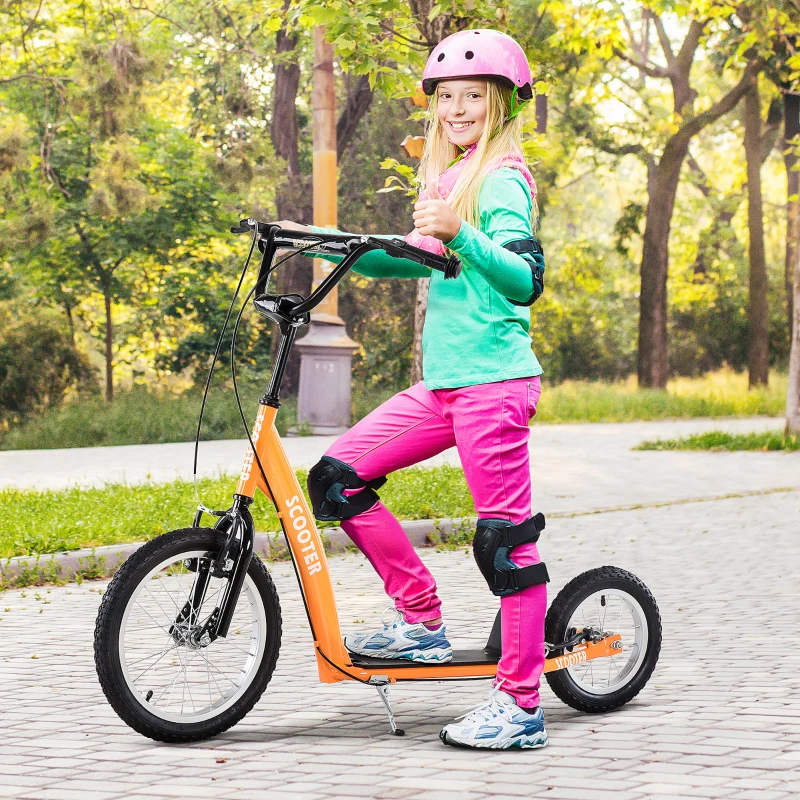Aosom Kids Scooter with Adjustable Handlebar, Youth Kick Scooter with Dual Brakes, Inflatable Wheels, for Age 5+, Orange