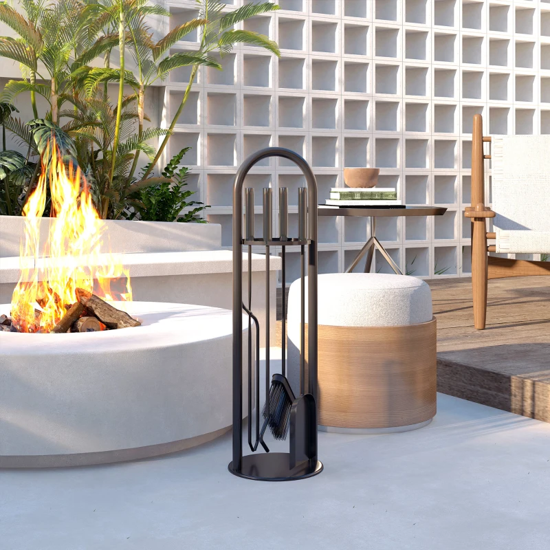 Outsunny Fireplace Tools Set, 5 Pieces Fireside Accessories with Brush, Shovel, Poker, A Pair of Tongs, Stand, Black