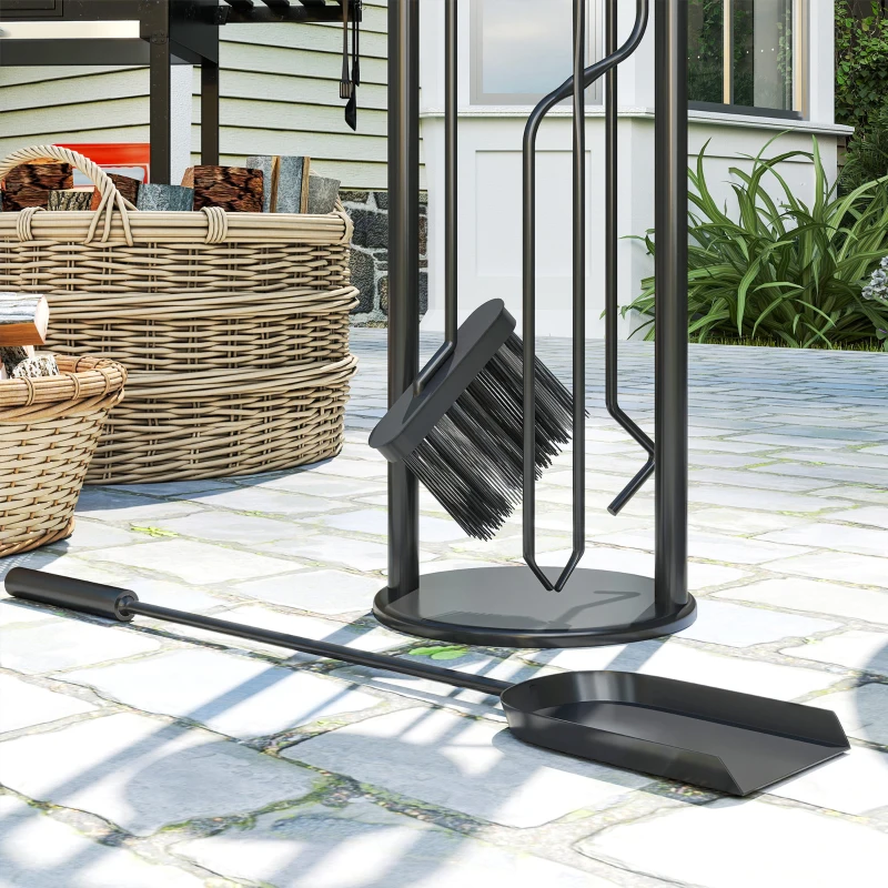 Outsunny Fireplace Tools Set, 5 Pieces Fireside Accessories with Brush, Shovel, Poker, A Pair of Tongs, Stand, Black