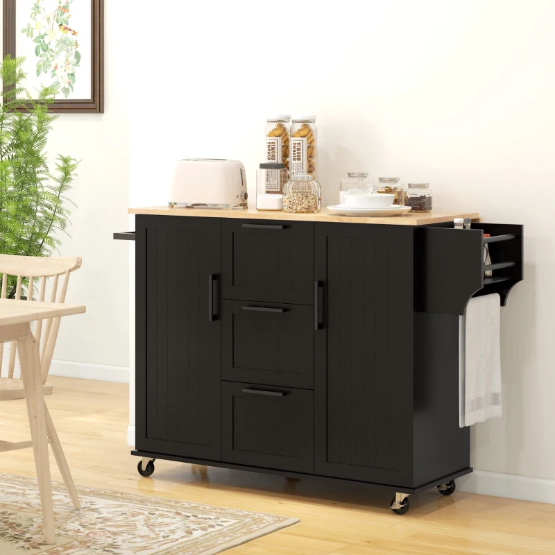 HOMCOM Rolling Kitchen Cart on Wheels with Drop Leaf, Kitchen Island with 3 Drawers, Solid Wood Top and Towel Rack, Black