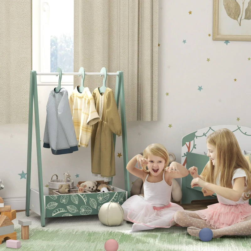 Qaba Kids Clothing Rack with Storage Shelf, Hangers, for Nursery Room, Living Room, Playroom, Green